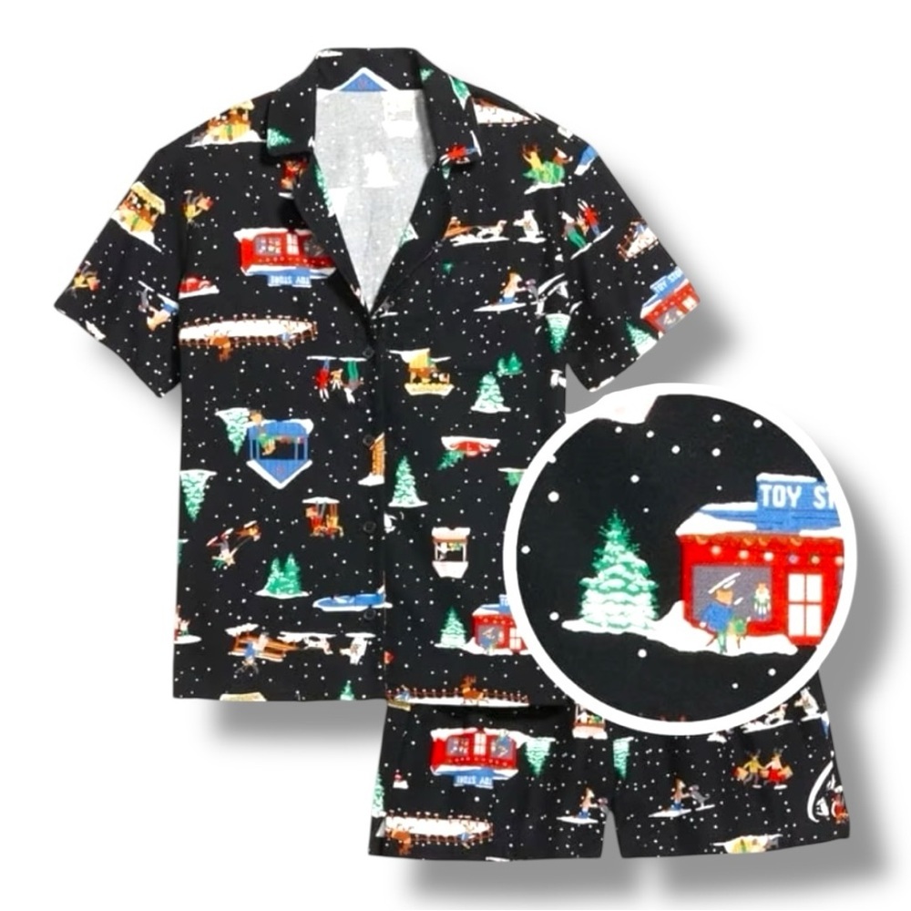 Old Navy Size M “I Love Snow” Flannel Pajama Button Top & Elastic Waist Shorts